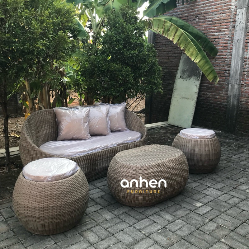 Set Sofa Tamu Outdoor Rotan Sintetis / Set Sofa Stoo Meja Rotan Sintetis Model Oval