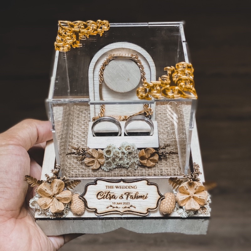 Kotak Perhiasan Cincin dan  Ringbox Cincin dan Rustic Kayu Akrilik  Custom Nama