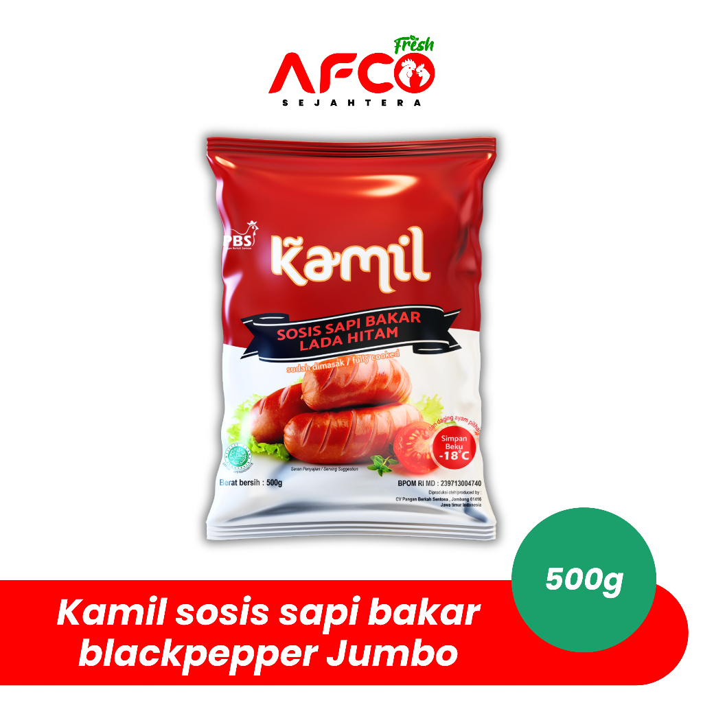 

Afco Fresh Kamil Sosis sapi bakar lada hitam (JUMBO) 500g