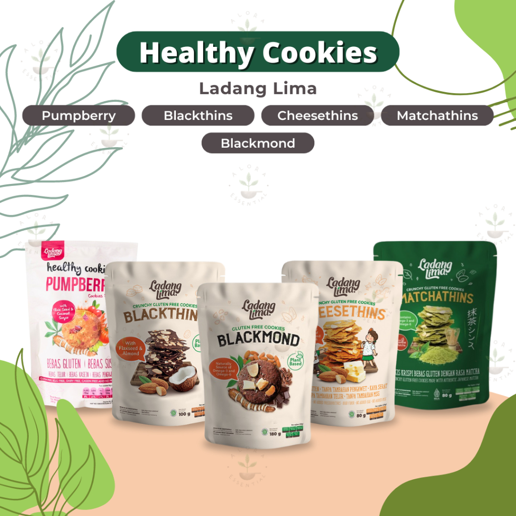 

Ladang Lima Healthy Cookies Blackmond Blackthins Pumpberry Cheesethins Matchathins - Gluten Free Snack Cemilan Diet Sehat