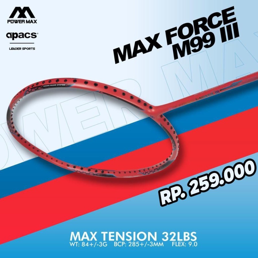 Raket badminton POWERMAX MAX FORCE M99 III 32LBS - Merah, Tanpa senar ORIGINAL