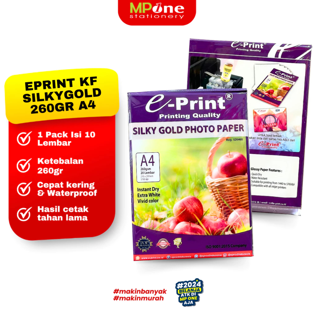 

(1 PACK) E-Print Kertas Foto Silky Gold Ukuran A4 260gsm Isi 20 Lembar / Silky Gold Phopo Paper E-PRINT
