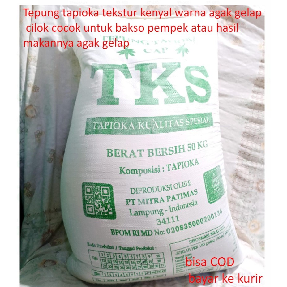 

Tepung tapioka tekstur kenyal warna agak gelap cilok cocok untuk bakso pempek atau hasil makannya agak gelap