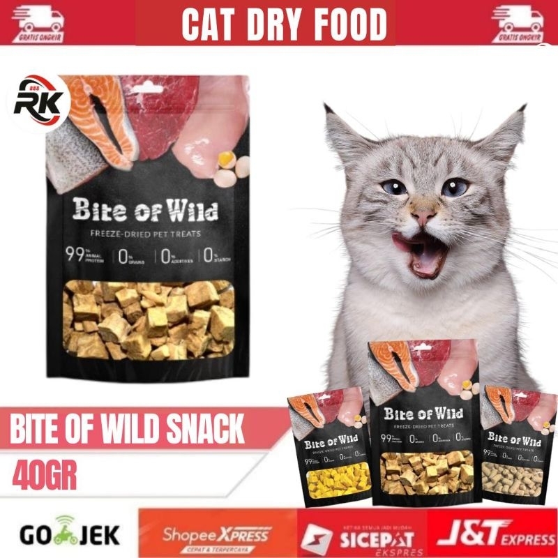 

Bite of Wild Daging Beku-Kering 40g - Ayam/Salmon/Bebek/Catnip/Hati Ayam/Kuning Telur/Daging Segar/Shisamo