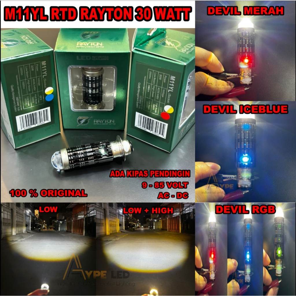 ORIGINAL LAMPU UTAMA H6 RTD RAYTON M11YL 30 WATT KIPAS PENDINGIN PLUS SENJA HIGH LO D3 TYPE M11YL KE