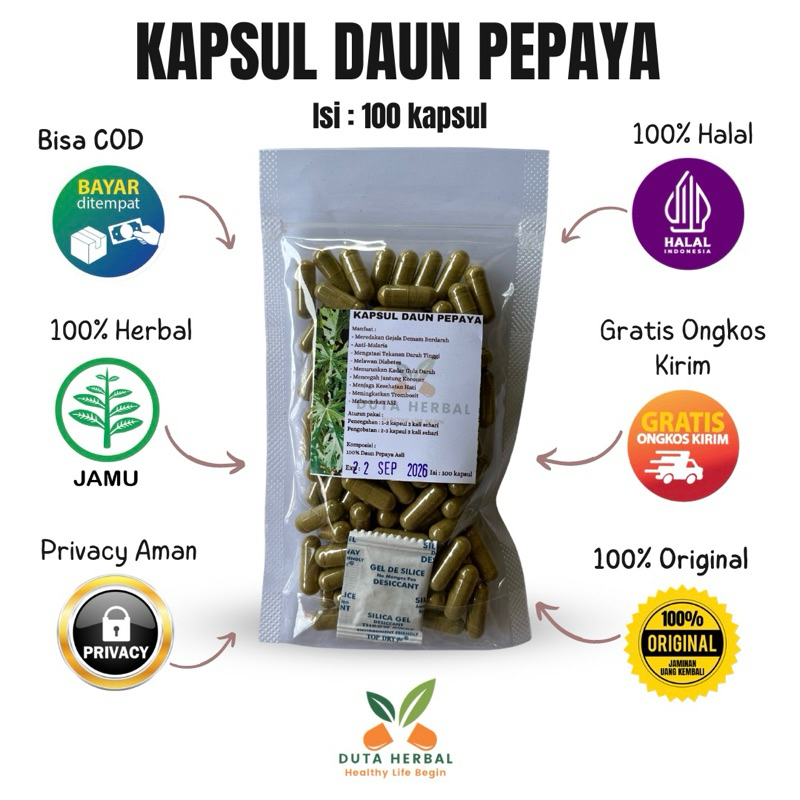 Kapsul Daun Pepaya Isi 100 Asli Herbal
