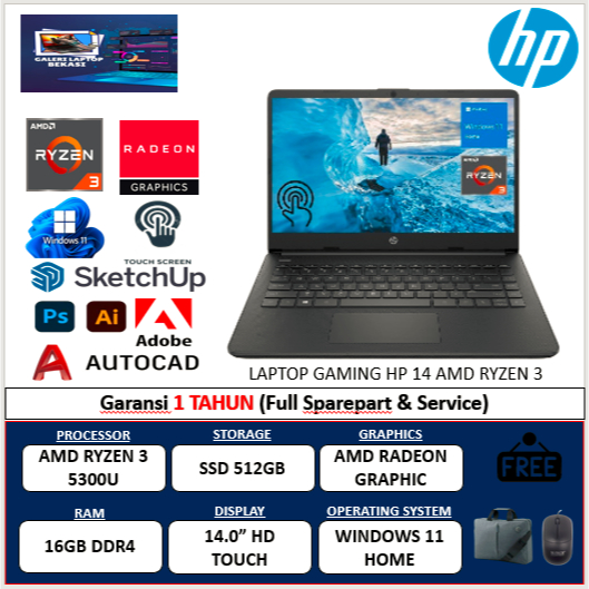LAPTOP GAMING MURAH HP 14 AMD RYZEN 3 5300U 16GB 512GB HD TOUCH WINOME 11 BLACK