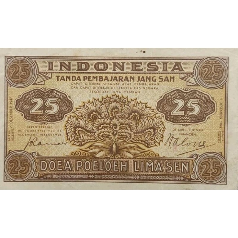 Uang Asing Kuno Indonesia 25 Sen Federal 1947 Original 100% AUNC Kertas Utuh masih Renyah