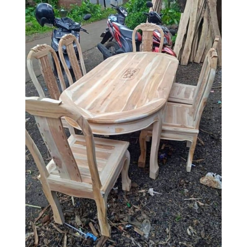 Meja Makan Set Bonsai Mentahan Kayu Jati