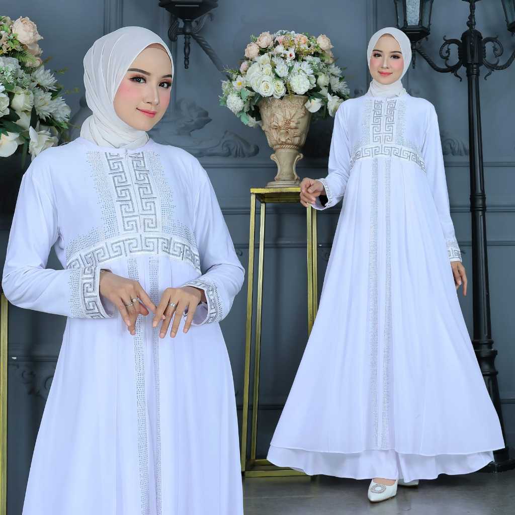 Abaya turki jersey premium Gamis putih wanita dewasa Lebaran terbaru 2025 mewah elegan full bordir j