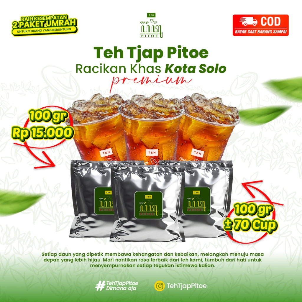 

TEH tjap PITOE (Wangi, Sepet, Legi, Kentel) MINUMAN ES TEH JUMBO RACIKAN SOLO UNTUK JUALAN