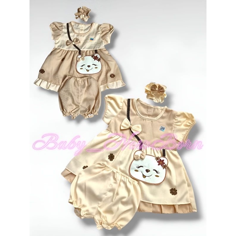 BAJU BAYI PEREMPUAN DRESS LUCU SET BANDANA CELANA / FASHION BABY GIRL NEWBORN / BAJU BAYI CEWEK DRES