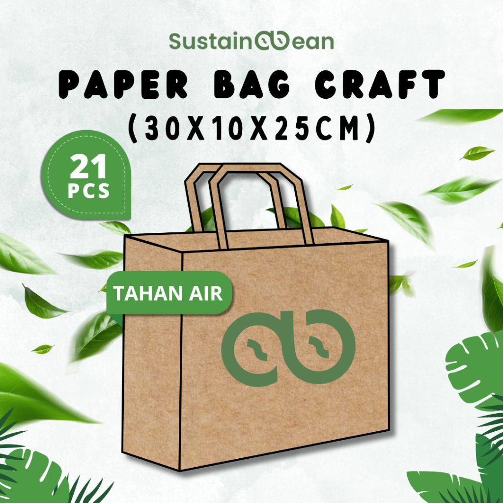 

Paper Bag Sustainabean Tahan Air | Kertas Kraft | Ukuran 30x10x25cm | Isi 21 pcs