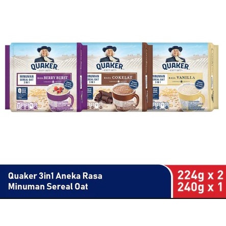 

Quaker 3in1 Chocolate, Vanillan & Berry burst Polybag 224g Minuman Sereal Oats (Isi 8 sachet)