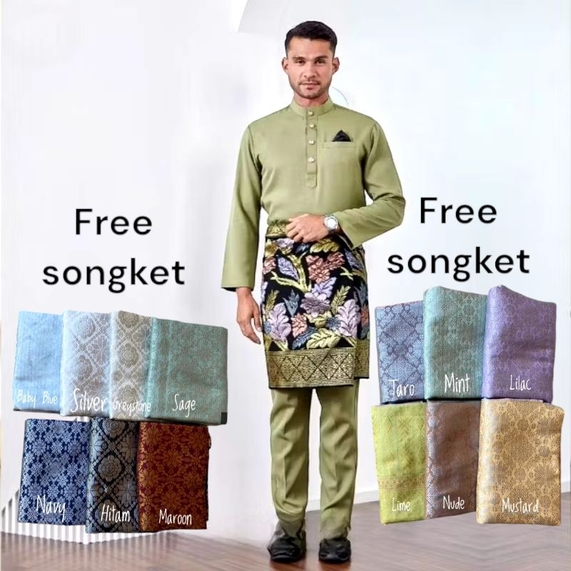 Satu Set Baju Celana dan kain songket/rumpak Teluk Belanga Cekak Musang Pria Melayu Kurung Setelan P