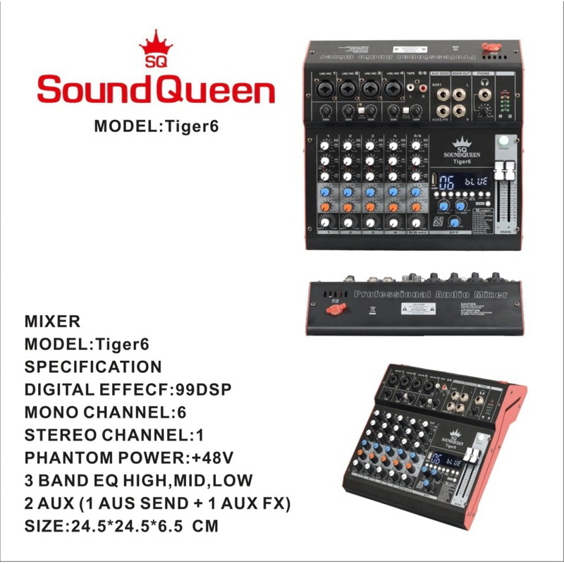 mixer soundqueen tiger 6 mixer 6 channel reverb 99dsp bluetooth usb