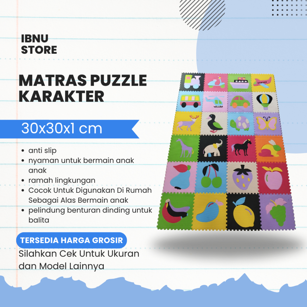 Matras Puzzle Alas lantai Bermain Bayi Karakter Hewan Buah Tranportasi