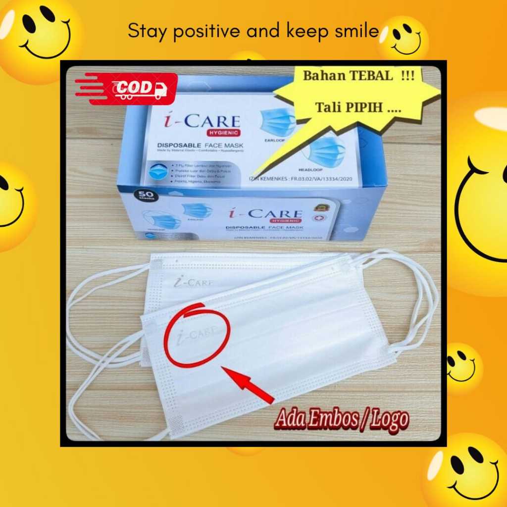 i Care One Care Masker 3 Ply Putih Hijau Disposable Face Mask Earloop