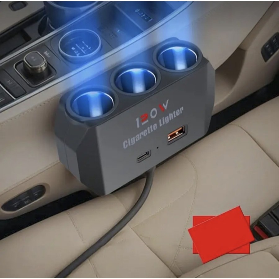 socket lighter mobil 120W 3in1 USB Fast Charger Splitter D28