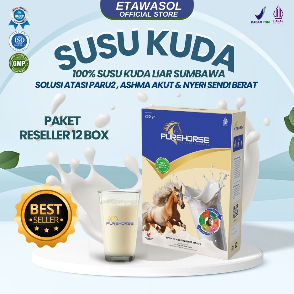 

Susu Kuda Pure Horse 100% Original dari Sumbawa Untuk Keluhan Sesak Nafas Akut dan Nyeri Sendi Berat Kemasan 250gram Paket 12 Box