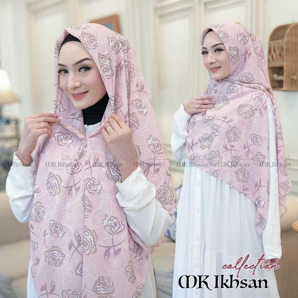 RANIA HIJAB SEGI EMPAT ZIPPER MOTIF KEMBANG MAWAR CERUTY BABYDOLL FRANCE VOILE,HIJAB INSTAN RESLETIN