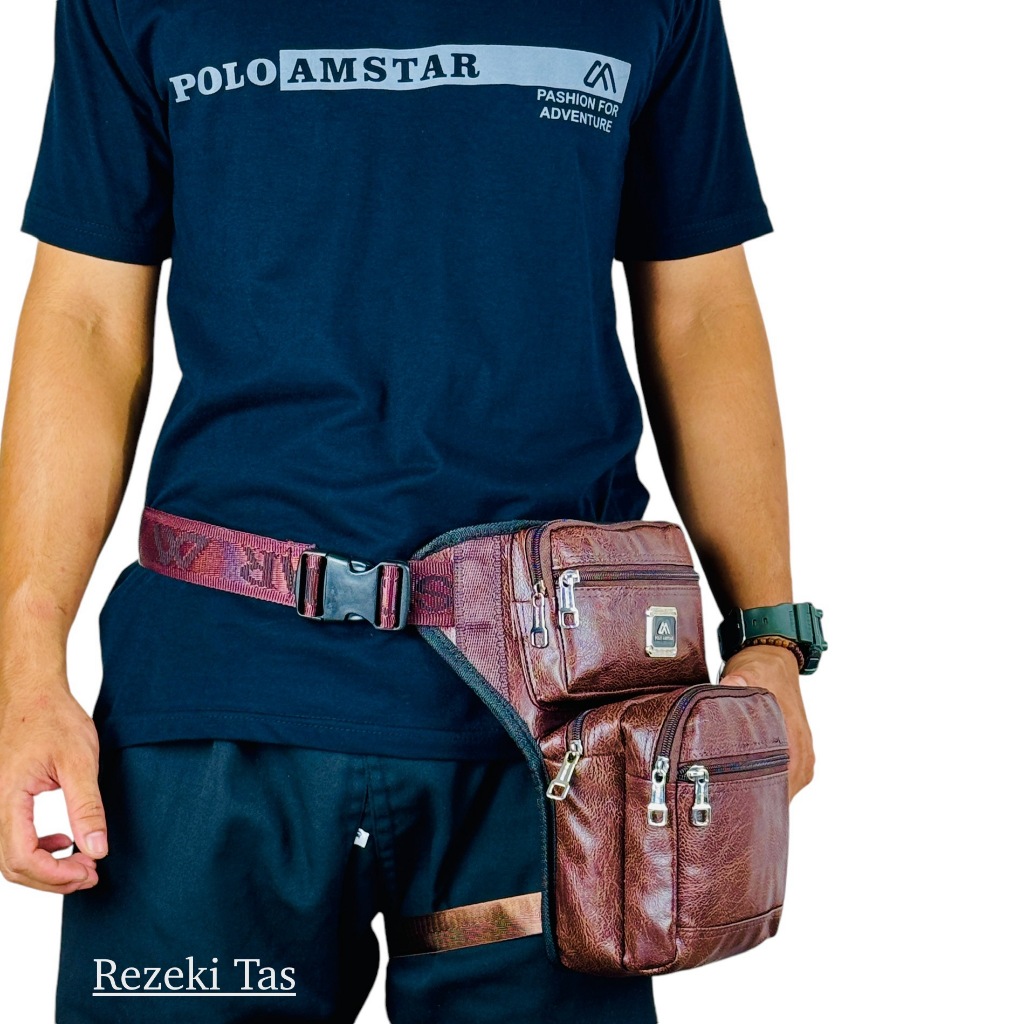 POLO AMSTAR Selempang Tas Selempang Pria Kulit PU Tas Paha 5 Resleting Lapisan Satin Selempang Pria 