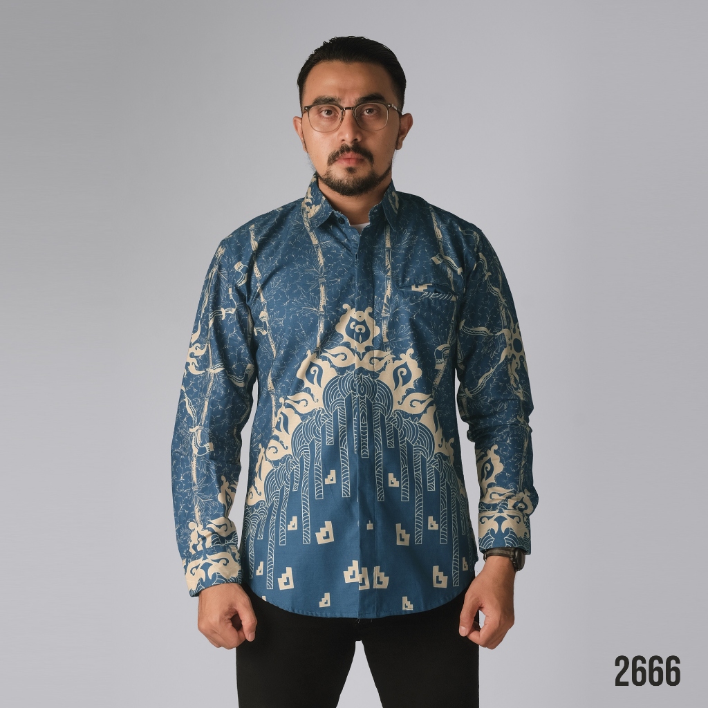 DGM Kemeja Batik Pria Panjang Lapis Furing Premium Batik Puring Matahari Cream-Biru 2666