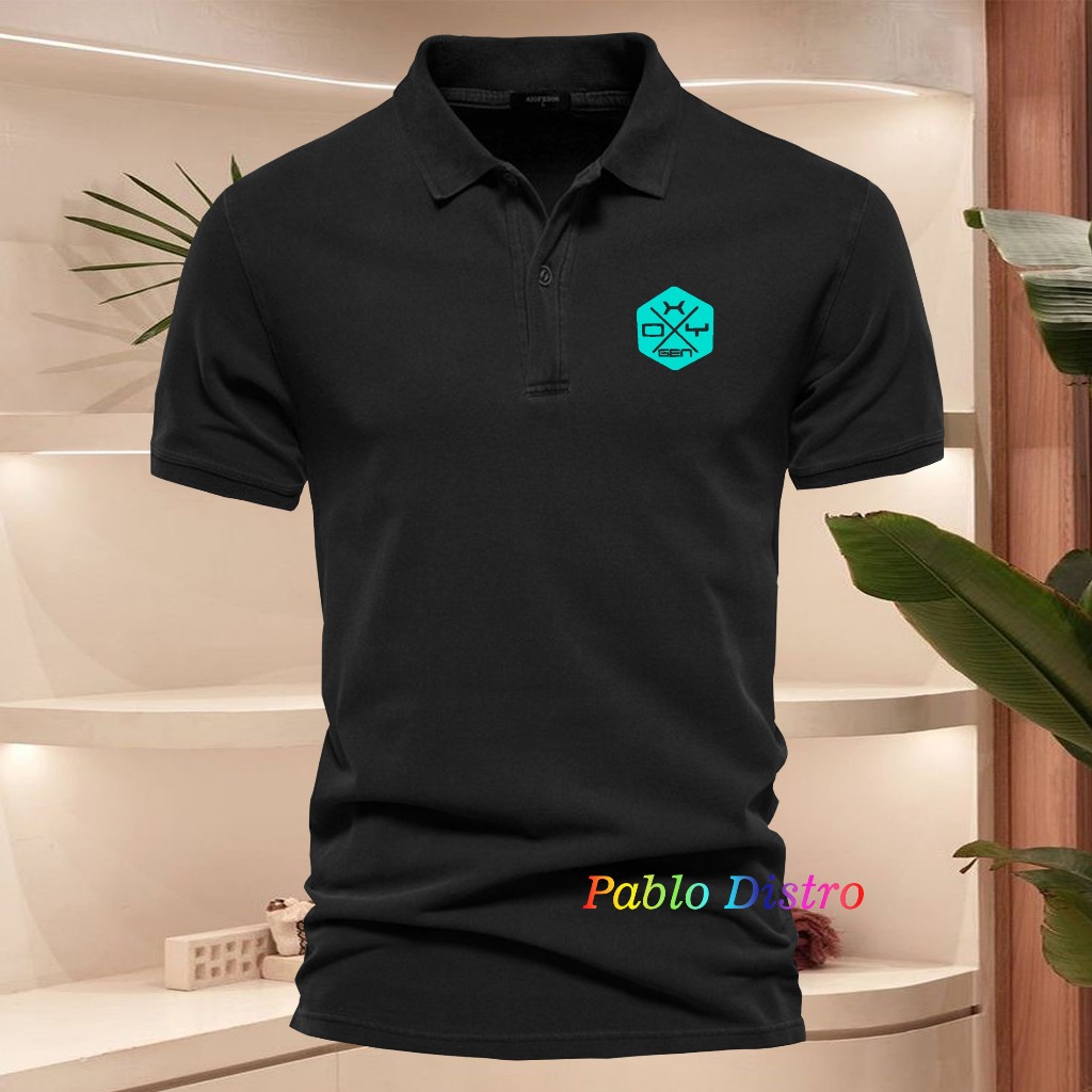 Baju Distro Style Polo Kerah Oxigen Petak Text Sky Blue Kaos Polo T Shirt Denim Premium Quality Atas