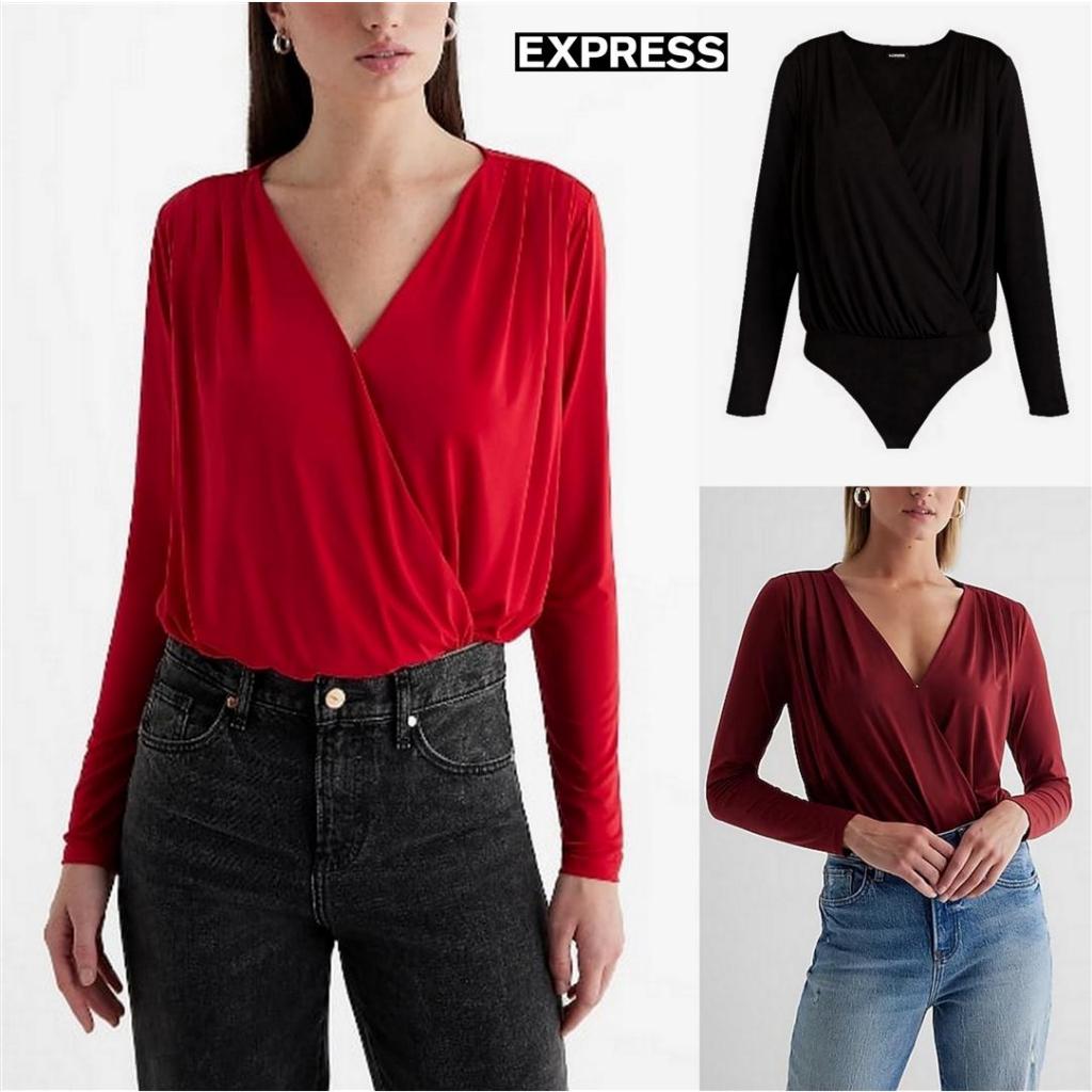 Mode Republic - V-Neck Long Sleeve Faux Wrap Bodysuit - Business Casual Blouse - Atasan Blouse Pesta