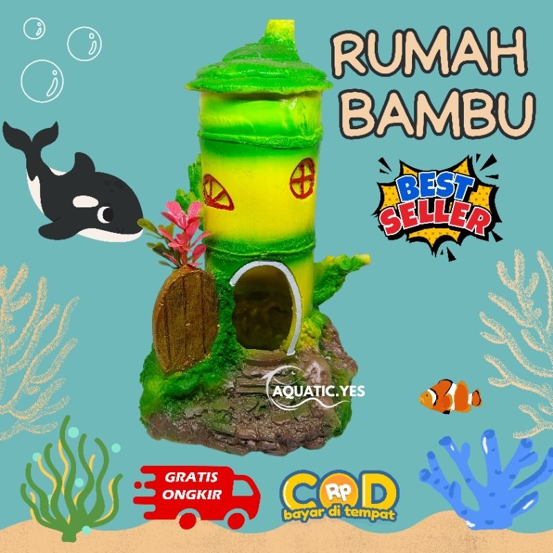 hiasan aquarium rumah bambu besar, ornamen aquarium rumah bambu besar, hiasan aquarium resin