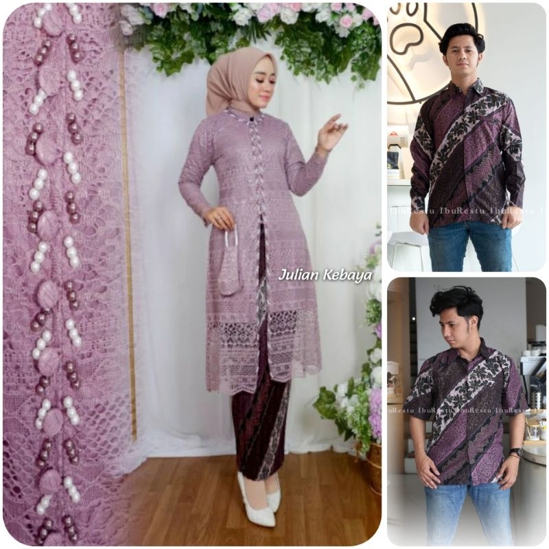 Setelan Pasangan Kebaya Brokat Kancing Payet Modern Jumbo Dan Kemeja Batik Ayah Anak Motif CM Lavend