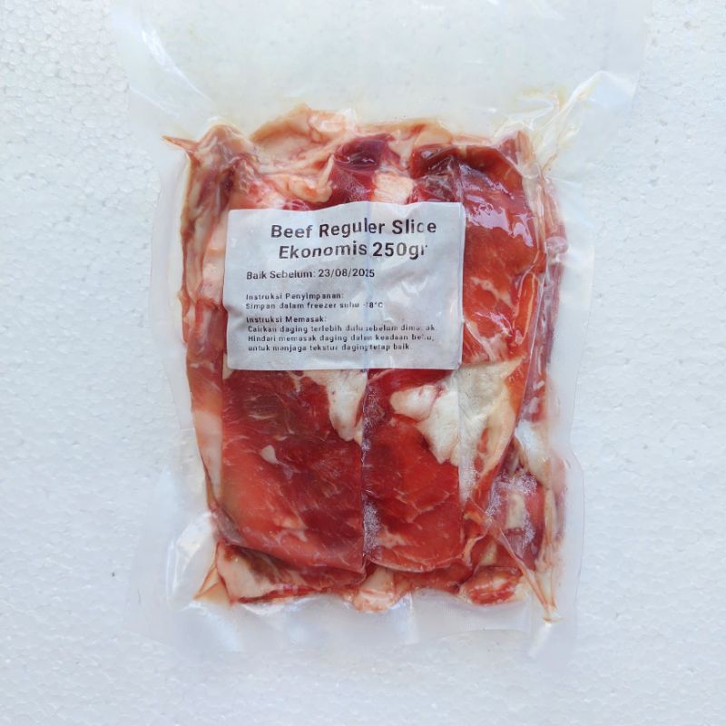 

Daging Sapi Slice Reguler Ekonomis / Beef reguler slice Trimming 65CL (250gram).