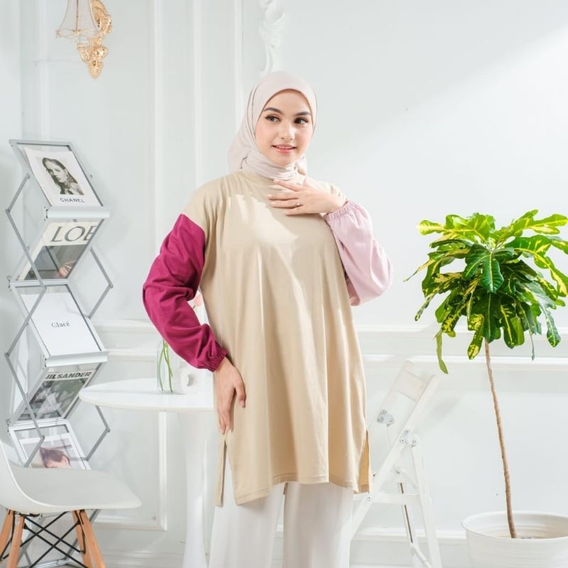 By khaya Kaos Oversize Wanita Kombinasi warna Belah samping Tshirt Atasan Hijab wanita