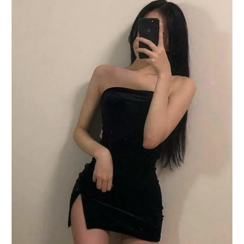 Tanktop belahan 2 paha tanpa tali pundak / Tanktop dress mini club malam sexy wanita