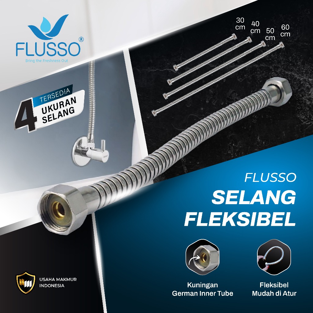 FLUSSO Selang Fleksible Sambungan Air Drat 1/2  Selang Pipa Shower Kuningan Hand Shower Air Panas
