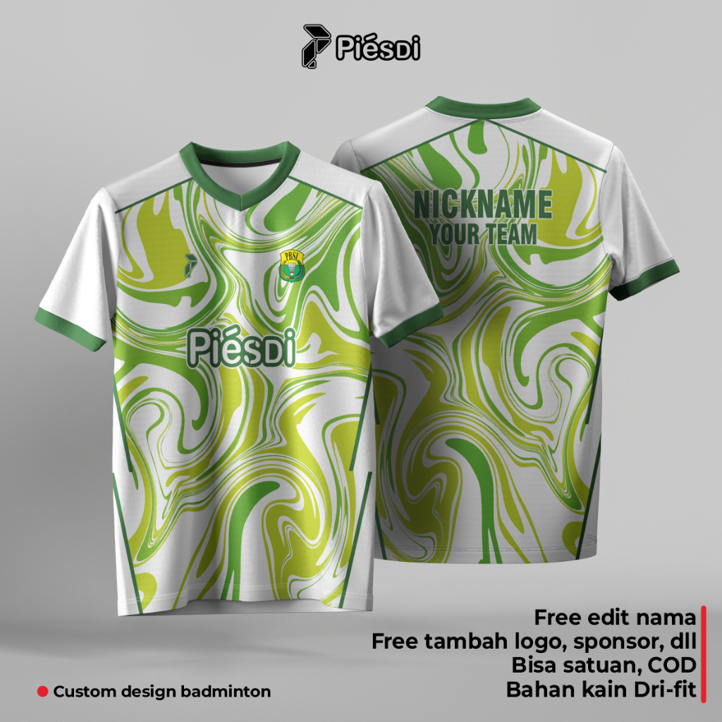 Jersey Badminton Full Printing, FREE Custom Design, FREE edit nama, sponsor dan logo, hijau, COD