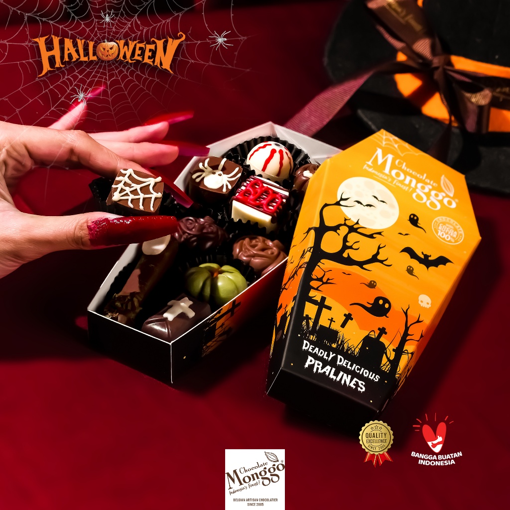 

Chocolate Monggo | Halloween Chocolate Deadly Delicious Pralines 110g | Hadiah Anak Cokelat Coffin | Halloween Candy