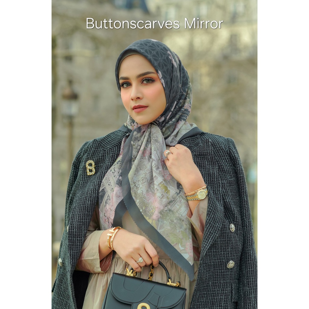 Jilbab hijab segi empat buttonscarves motif kw mirror like ori plat besi B series new york disney