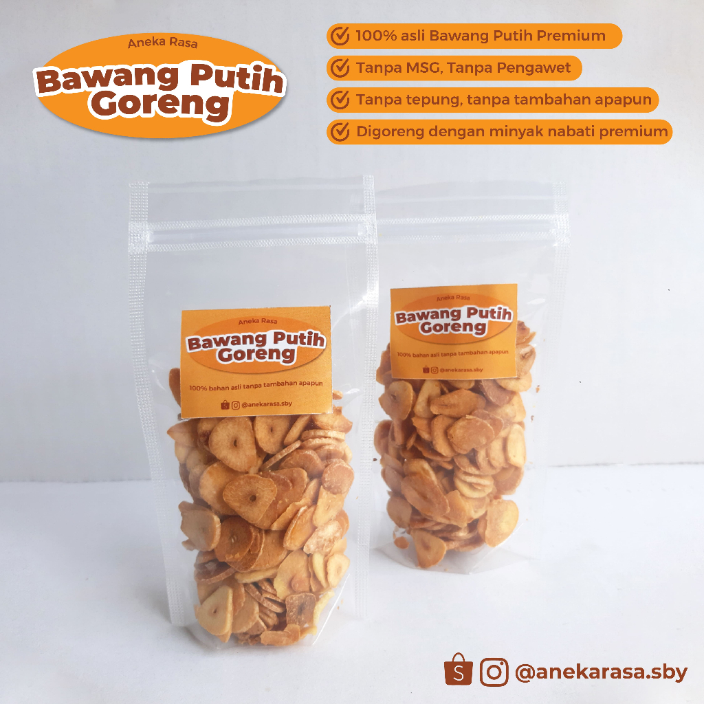 

BAWANG PUTIH GORENG ASLI 50 gr | anekarasa.sby | Bawang Putih Asli Standing Pouch Segel