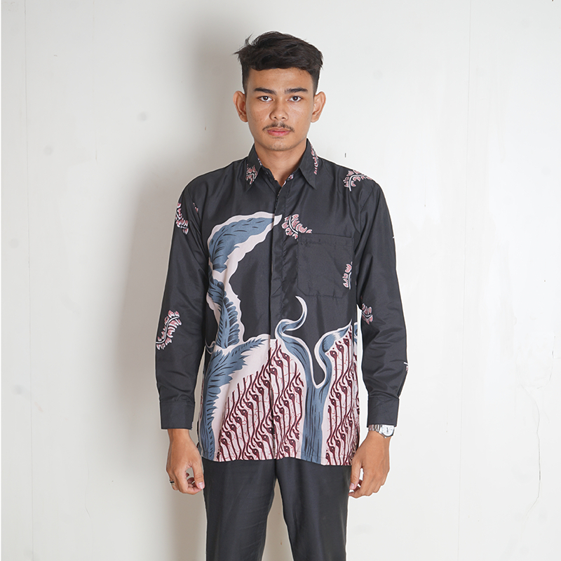 BATIK TRUSMI Batik Pria Kemeja Lengan Panjang Motif Daun Hitam Abstrak BUL