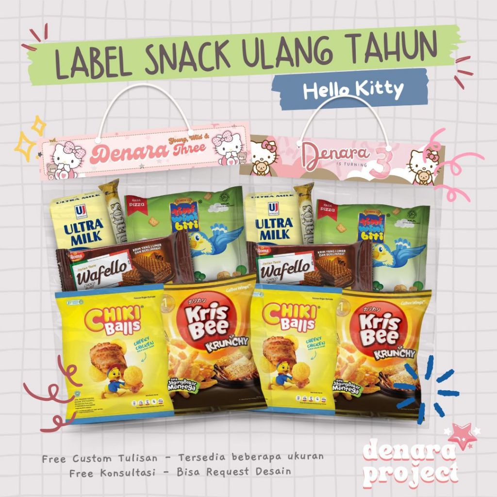 

Label Plastik Snack Ulang Tahun Custom / Snack Label Tag Ultah Hello Kitty Sanrio Character