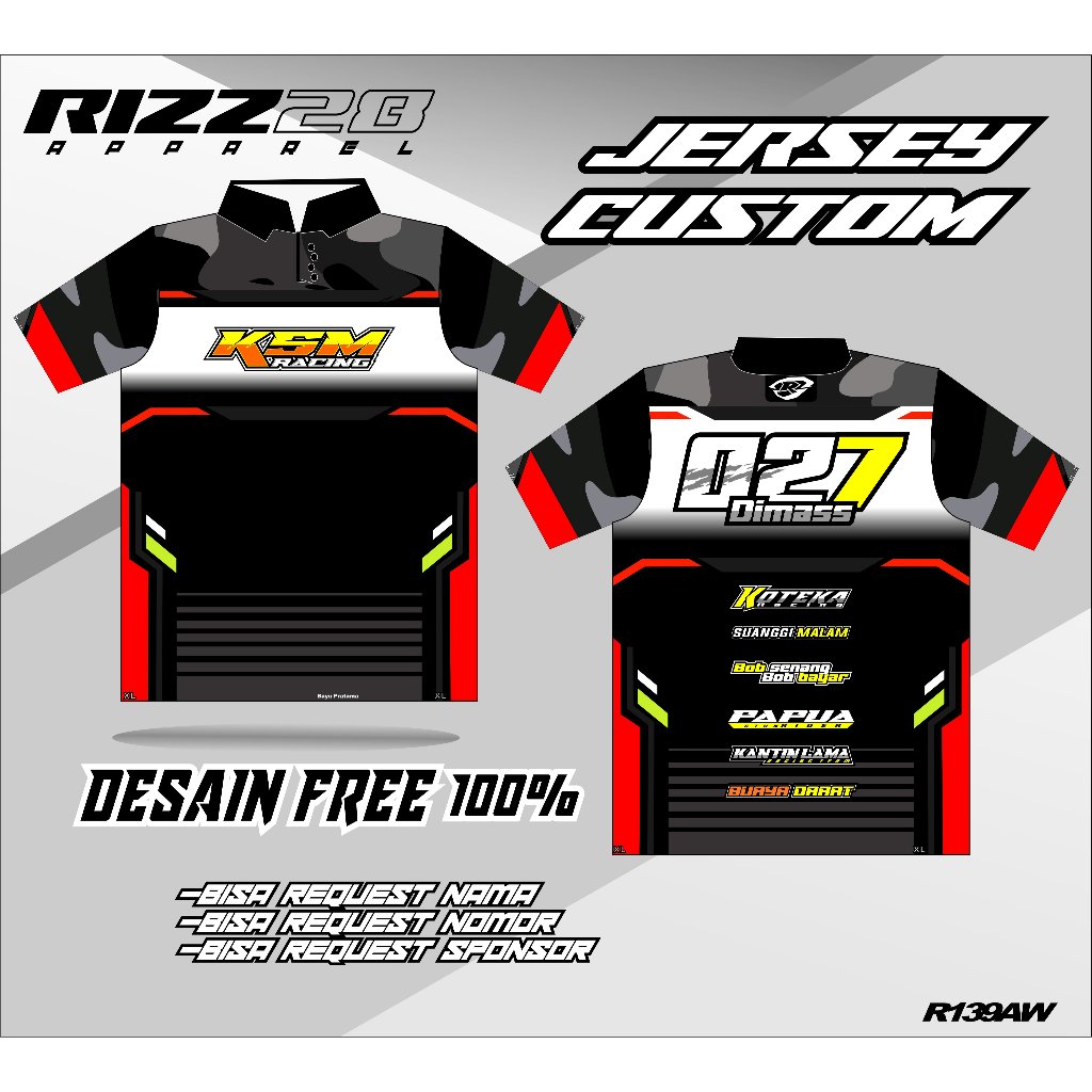 JERSEY KAOS RACING CUSTOM full printing bisa request atau ubah nama nomor dan sponsor  baju balap