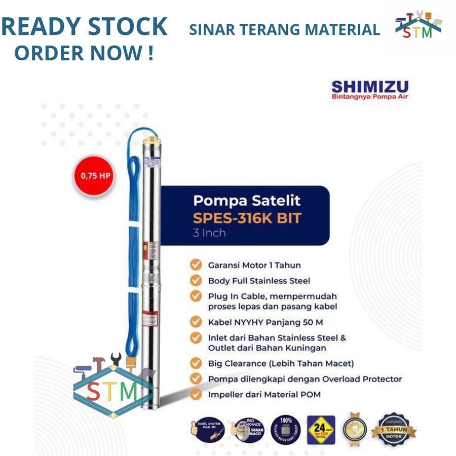 Submersible Pump SHIMIZU 0,75HP 3" SPES-316K BIT + Kabel / Pompa Satelit