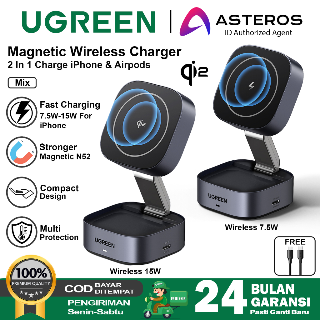 UGREEN Magsafe Qi2 Wireless Charger Stand 2 IN 1 Magnetic Fast Charging 15W For iPhone Airpods & Iwa