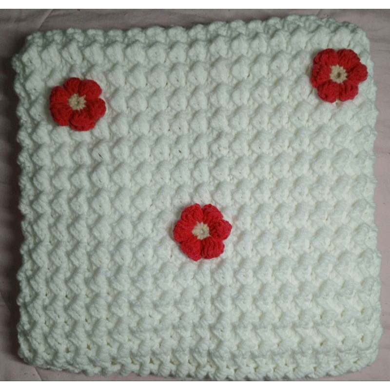 [Pre Order] Selimut_Selimut Rajut_Selimut Rajut Bayi_White, Pink Barbie Puff Flower
