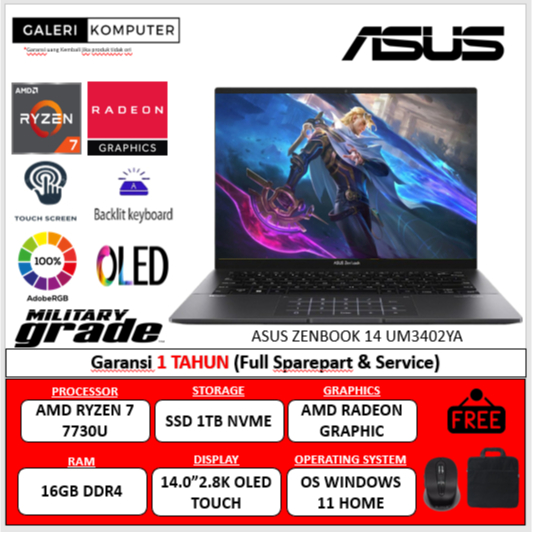 LAPTOP ASUS ZENBOOK 14 UM3402YA AMD RYZEN 7 7730U 16GB 1TB 14.0 2.8K OLED TOUCH 90HZ BL FP NP W11