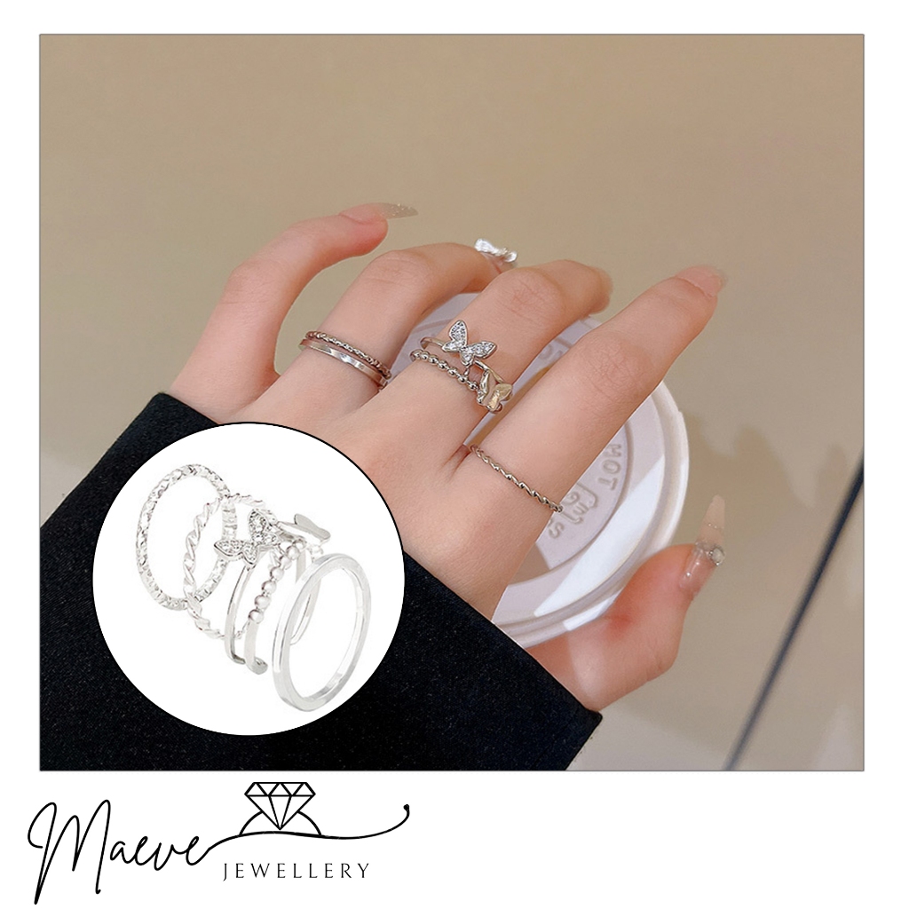 MAEVE J691 Cincin Titanium Wanita Silver Model Kupu Kupu Korean Style Set 5Pcs Anti Karat Anti Luntu