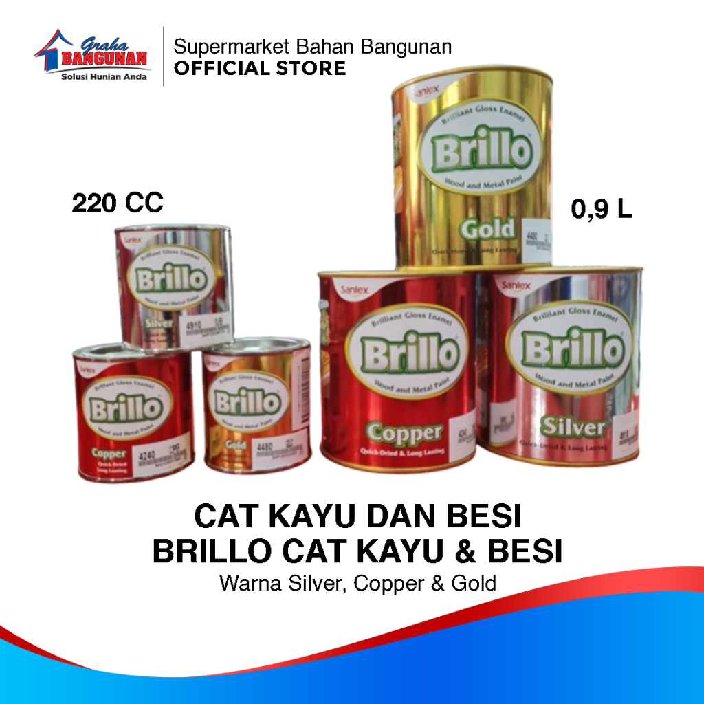 BRILLO CAT KAYU DAN BESI WARNA GOLD, SILVER & COOPER