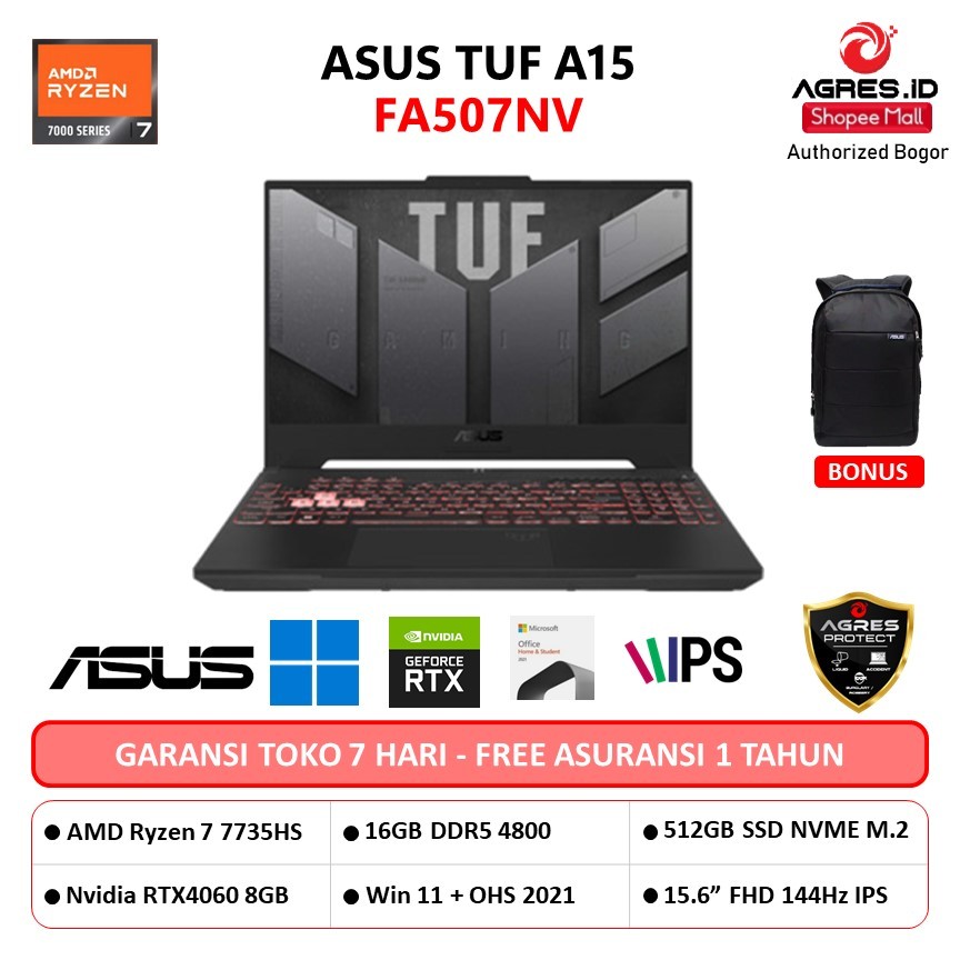 ASUS TUF A15 FA507NV RYZEN 7 7735HS RTX4060 8GB RAM 16GB 512GB SSD WIN 11+OHS 15.6FULL HD 144HZ