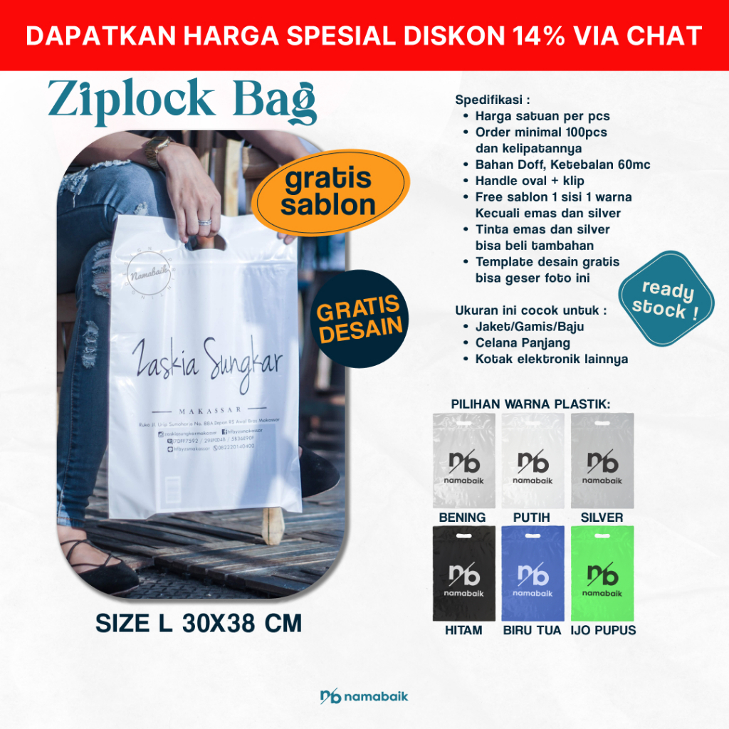 

[COD] Ziplock Bag / Klip Plong / Klip Pond L 30X38 CM Plastik Sablon Gratis Desain